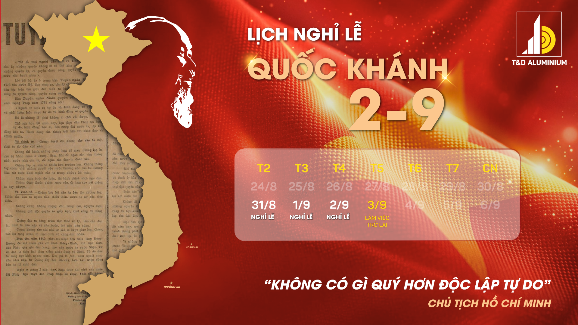 lịch nghỉ lễ Quốc Khánh nhôm Tiến Đạt